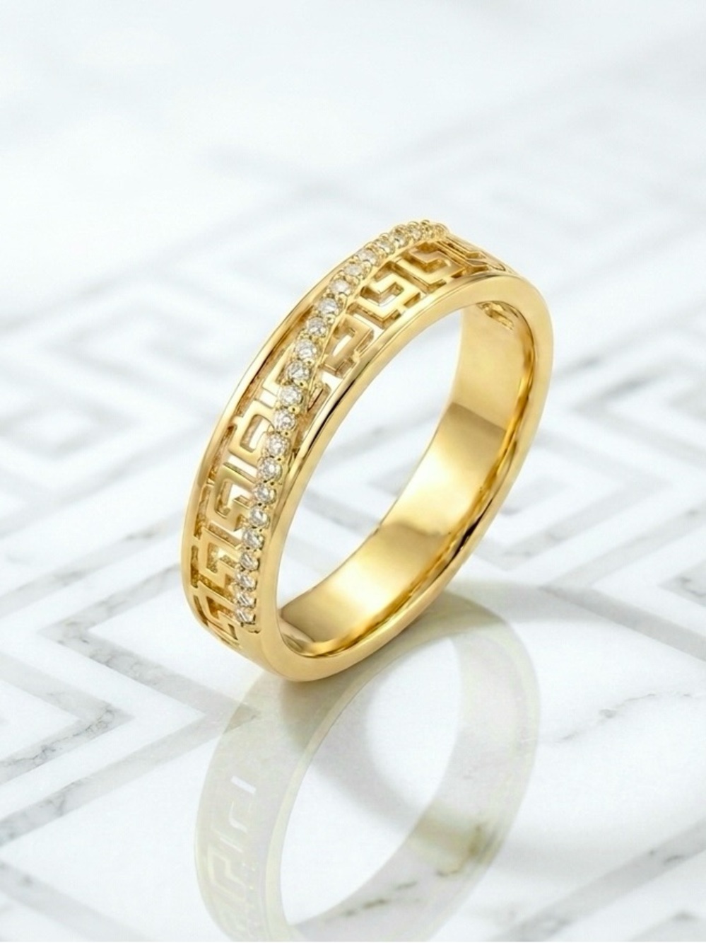 14K Gold Plated Greek Key Meander Band Ring with Pavé CZ Stones | Dainty Jewelry